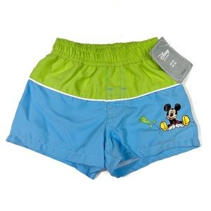 Disney Store Baby Boy Mickey Mouse Frog Print Green  Blue Lined Swim Trunks 0-3M